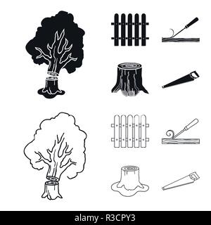 Fence, chisel, stump, hacksaw for wood. Lumber and timber set collection icons in black,outline style vector symbol stock illustration . Stock Vector