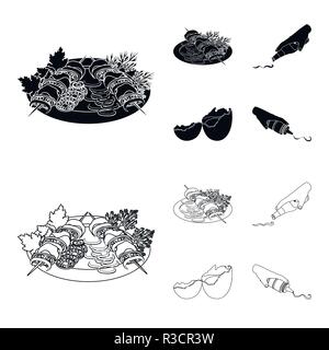 Shish kebab with vegetables, ketchup and mustard, seasoning for food, broken egg. Food and Cooking set collection icons in black,outline style vector  Stock Vector