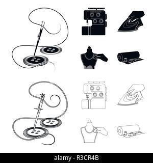 Electric sewing machine, iron for ironing, marking with chalk clothes, roll of fabric and other equipment. Sewing and equipment set collection icons i Stock Vector