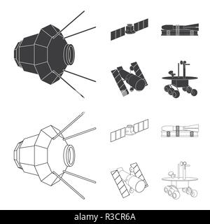 The space station in orbit, the preparation of the launch rocket, the lunar rover on the surface. Space technology set collection icons in black,outli Stock Vector