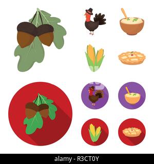 Acorns, corn.arthene puree, festive turkey,Canada thanksgiving day set collection icons in cartoon,flat style vector symbol stock illustration . Stock Vector