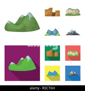 Green mountains with snow tops, a canyon, rocks with forests, a lagoon and rocks. Different mountains set collection icons in cartoon,flat style vecto Stock Vector