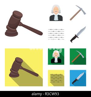 Judge, wooden hammer, barbed wire, pickaxe. Prison set collection icons in cartoon,flat style vector symbol stock illustration . Stock Vector