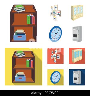 Cabinet, shelving with books and documents, frames on the wall, round clocks. Office interior set collection icons in cartoon,flat style isometric vec Stock Vector