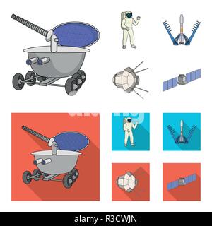 Lunokhod, space suit, rocket launch, artificial Earth satellite. Space technology set collection icons in cartoon,flat style vector symbol stock illus Stock Vector