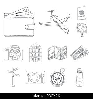 Rest and travel outline icons in set collection for design. Transport, tourism vector symbol stock  illustration. Stock Vector