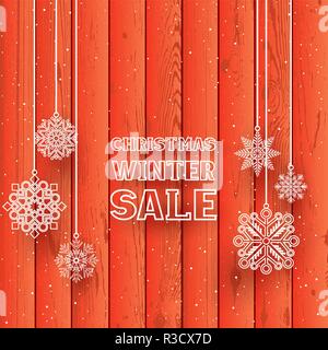 Christmas text on red wood background. Snowfall on wood backdrop. Hanging white line snowflakes Stock Vector