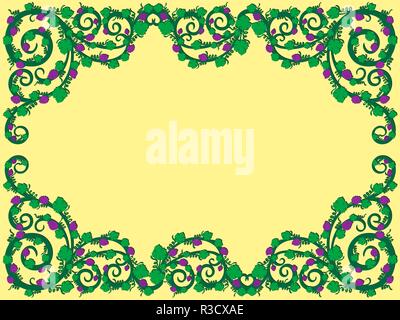 Floral colored pattern framed with grape border elements and with leaves on the pale yellow background, hand drawn vector illustration Stock Vector