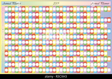Annual planner 2019 with specific color for each weekday - TO BE personalized with your LOGO Stock Vector