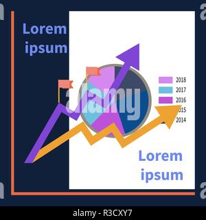 Two rising trend zigzag lines, flags, up arrow. Graph background. Vector flat illustration of growth trends. Trendy linear style concept of success fo Stock Vector