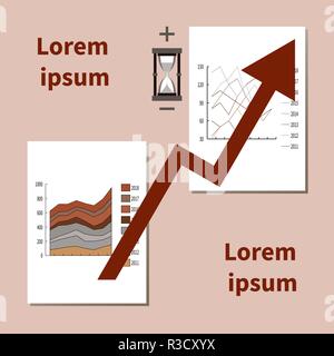 Vector flat illustration of a rising trend line on a graphs background. Up arrow, hourglass with plus and minus signs. Growth Trends. Trendy concept f Stock Vector