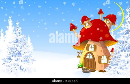 Cartoon mushroom house in the winter snow-covered forest. Stock Vector