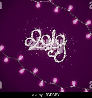 Silver inscription 2019 on purple background. Calligraphy template of numbers with shadows, glitter confetti for Happy new year greeting card, invitat Stock Vector