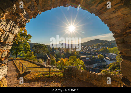 Town of Saarburg on  Saar River, view from castle, Nature Park Saar-Hunsrück, surrounded by vinyards, mostly Riesling, Rhineland-Palatinate, Germany Stock Photo