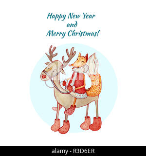 Christmas and New Year card with a sly fox riding a deer. Watercolor illustration on white background. Christmas character. Stock Photo