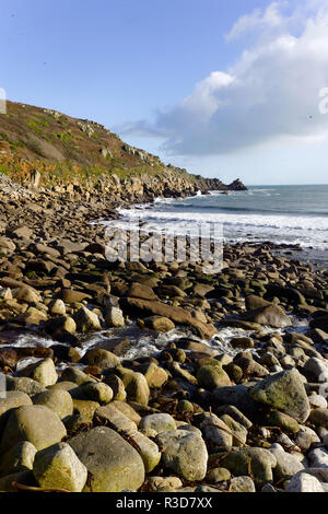 Porthcurno beach view empty with blue sky, Cornwall, UK. Stock Photo