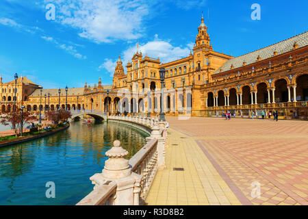 Seville, Spain - November 13, 2018: Plaza de Espana with unidentified people. It is a plaza in the Parque de Maria Luisa, built in 1928 for the Ibero- Stock Photo