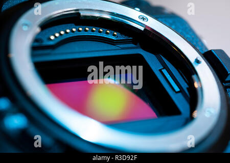 A generic shot of a mirrorless camera showing how the sensor is located differently to a DSLR. This camera is actually a Nikon Z7. Stock Photo