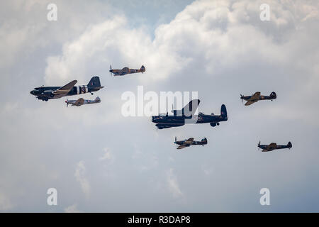 Historic world war two flypast at RIAT Fairford 2018, Dakota, Lancaster, Spitfires and Hurricanes. Stock Photo