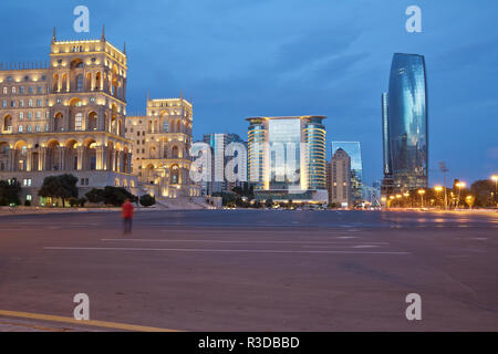 Azerbaijan, Baku at night Azadlig Square in front of the Government House evening side. Platitude Freedom - Azadlig located on the shores of the Caspian Sea.Hotel Absheron Marriott . Neftchiler Avenue Stock Photo