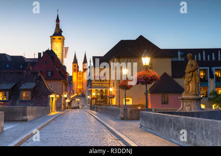 Old Main Bridge, Rathaus (Town Hall) and Dom (Cathedral) at dawn, Wurzburg, Bavaria, Germany Stock Photo