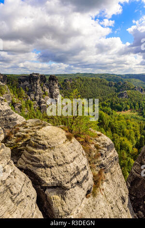 Panorama view on the beautiful rock formation of Bastei in Saxon Switzerland National Park, near Dresden and Rathen - Germany. Popular travel destinat Stock Photo