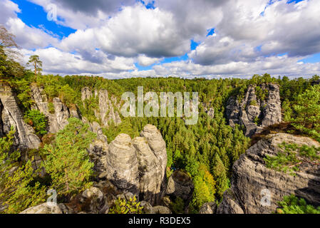 Panorama view on the beautiful rock formation of Bastei in Saxon Switzerland National Park, near Dresden and Rathen - Germany. Popular travel destinat Stock Photo