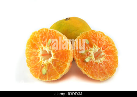 half orange fruit isolated / fresh orange Peeled slice half isolated on white background - asia orange Stock Photo