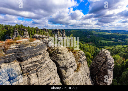 Panorama view on the beautiful rock formation of Bastei in Saxon Switzerland National Park, near Dresden and Rathen - Germany. Popular travel destinat Stock Photo