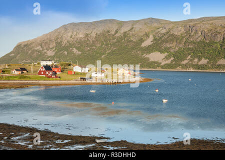 typical norwegian fishing village with traditional red rorbu huts,honningsvÃ¥g Stock Photo