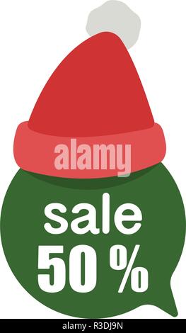 Sale 50 green Label Christmas Speech Bubble With Santa Claus Hat, Vector Illustration Stock Vector