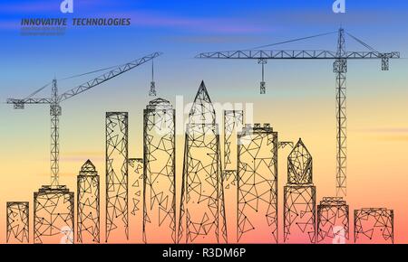 Low poly building under construction crane sunrise. Industrial modern business technology. Colorful sunset sky 3D cityscape urban silhouette. High tower skyscraper vector illustration Stock Vector