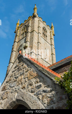 The medieval west tower and south porch of St Ia's Church, St Ives, Cornwall, England Stock Photo