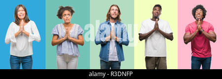 Composition of african american, hispanic and chinese group of people over vintage color background begging and praying with hands together with hope  Stock Photo