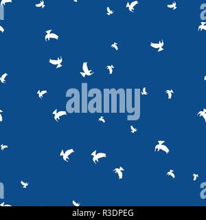 Bird seamless pattern. White birds on a blue background. Vector illustration. Stock Vector