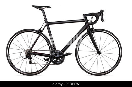 black racing sport road bike bicycle racer isolated on white background Stock Photo