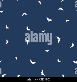 Bird seamless pattern. White birds on a dark blue background. Vector illustration. Stock Vector