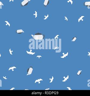 Teapot and bird seamless pattern. Vector illustration. Blue background. Stock Vector