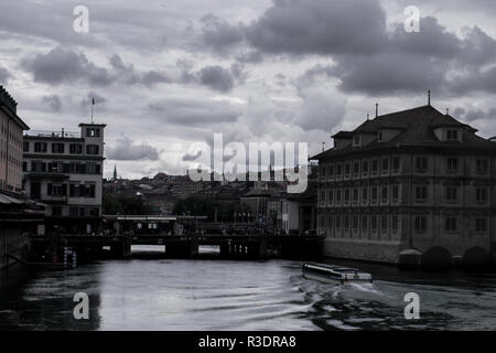 The canal through the beautiful city of Zurich, Switzerland Stock Photo
