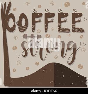Cafe label and coffee beans and a hand with a strong bicep in brown color Stock Vector