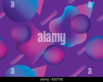 Seamless pattern with liquid shape and geometric objects in the style 1980s. Gradient texture. Violet color. Vector illustration Stock Vector