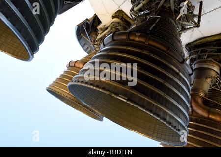 Apollo Saturn V booster rocket with large powerful liquid oxygen fueled rocket engines Stock Photo