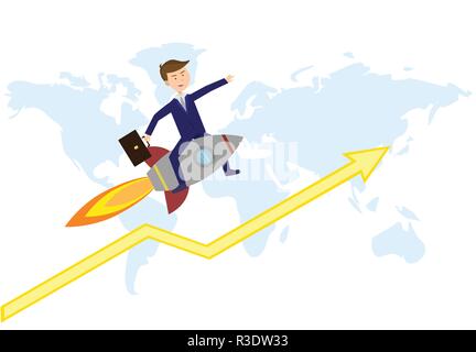 Flat Businessman flies above world map for new investments Stock Vector ...