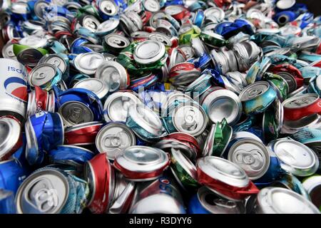 Gillette, Wyoming / July 25 2017: Aluminum Can Recycling, large pile of smashed, crushed, empty, beer and soda beverage cans for scrap metal recycling Stock Photo