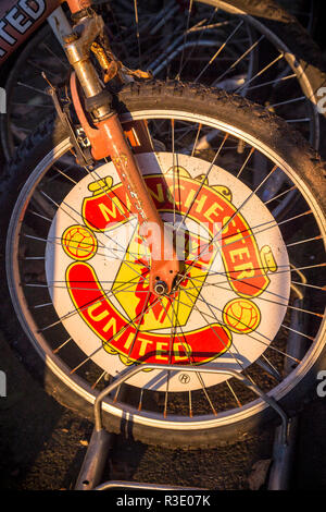 Manchester United F.C., Old Trafford, Manchester - England, Stadium, Architecture, Blue, British Culture, Built Structure, man united spokes of bike Stock Photo