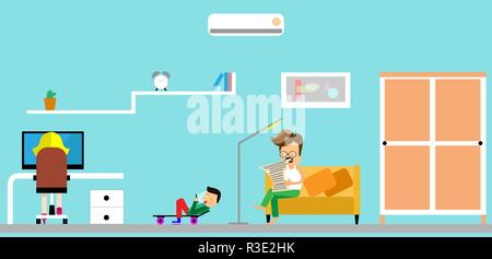 Family at home. Father reading a newspaper. Children playing game console. Fun cartoon characters. Vector illuctration of parents and children at living room modern interior. Stock Vector
