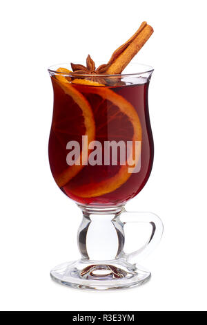 Mulled wine with spices and orange  slices on white Stock Photo