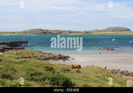 View from Fionnphort on the Isle of Mull, across the bay to the Isle of Iona. On a beautiful sunny summers day. Stock Photo