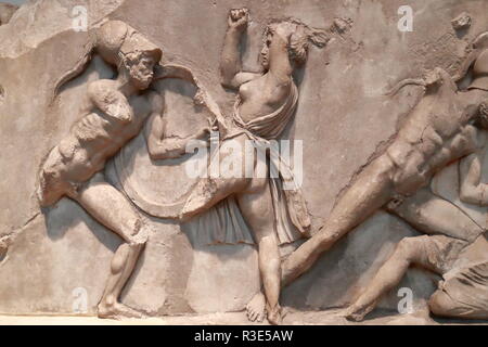 Slabs from the Amazon frieze, relief from the Mausoleum at Halikarnassos (Halicarnassus or Tomb of Mausolus) at the British Museum, London, UK Stock Photo