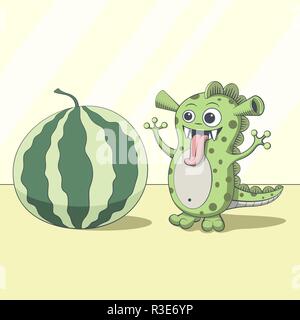Dragon looking at watermelon. Cartoon green alien Stock Vector